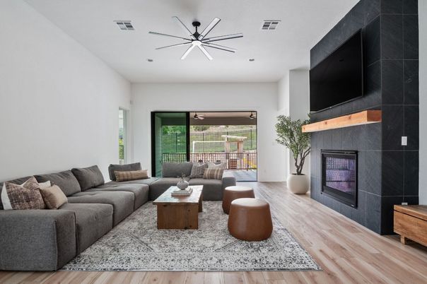 Fireplace, Interior, Living room, Pendant Lights, Recessed Lighting, Wood Texture Flooring