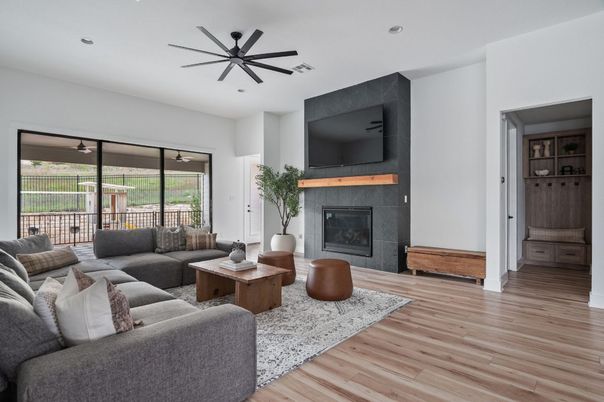 Fireplace, Interior, Living room, Recessed Lighting, Wood Texture Flooring