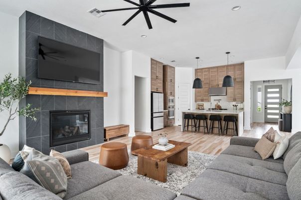 Fireplace, Interior, Kitchen, Living room, Pendant Lights, Recessed Lighting, Wood Texture Flooring
