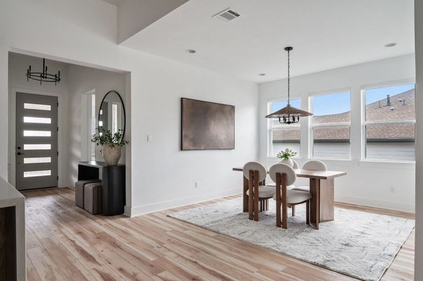 Dining room, Interior, Pendant Lights, Recessed Lighting, Wood Texture Flooring