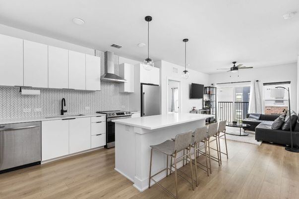Interior, Kitchen, Living room, Pendant Lights, Recessed Lighting, Stainless Steel Appliances, Wood Texture Flooring