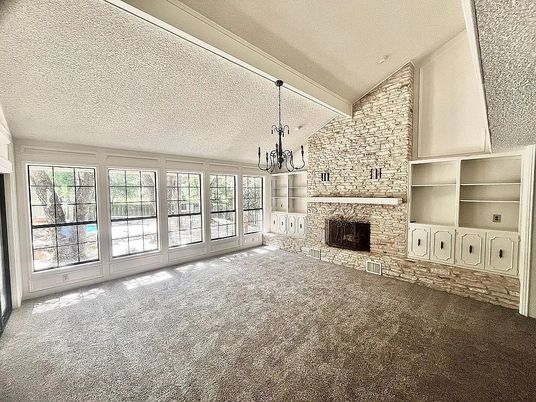 Chandelier, Empty room, Fireplace, Interior, Stone Walls