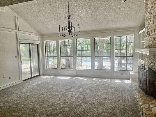 Chandelier, Empty room, Fireplace, Interior, Sun Room