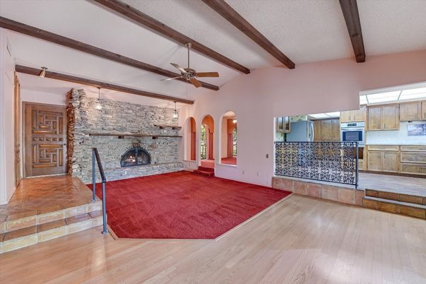 Empty room, Fireplace, Interior, Stone Walls, Wooden Beams, Wood Texture Flooring
