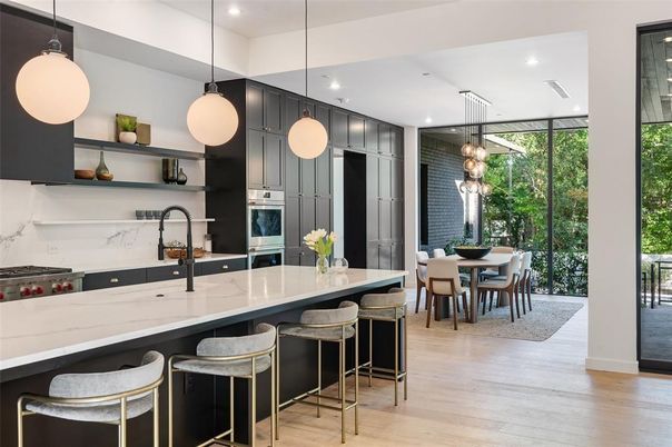Dining room, Interior, Kitchen, Pendant Lights, Recessed Lighting, Stainless Steel Appliances, Wood Texture Flooring