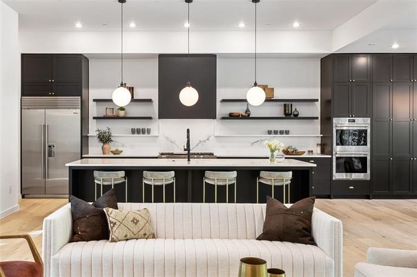 Interior, Kitchen, Pendant Lights, Recessed Lighting, Stainless Steel Appliances, Wood Texture Flooring