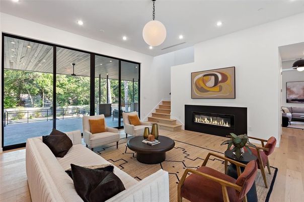 Fireplace, Interior, Living room, Pendant Lights, Recessed Lighting, Wood Texture Flooring