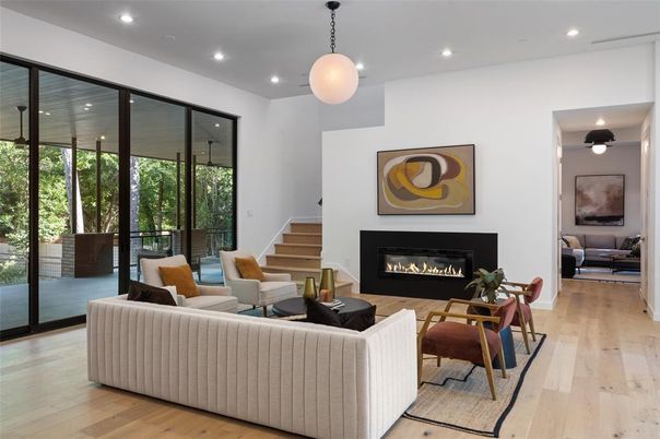 Fireplace, Interior, Living room, Pendant Lights, Recessed Lighting, Wood Texture Flooring
