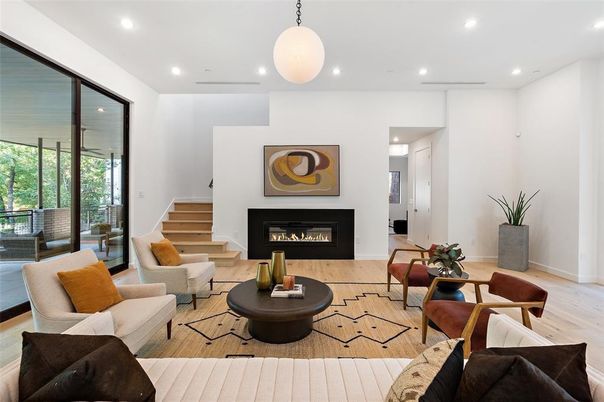 Fireplace, Interior, Living room, Pendant Lights, Recessed Lighting, Wood Texture Flooring