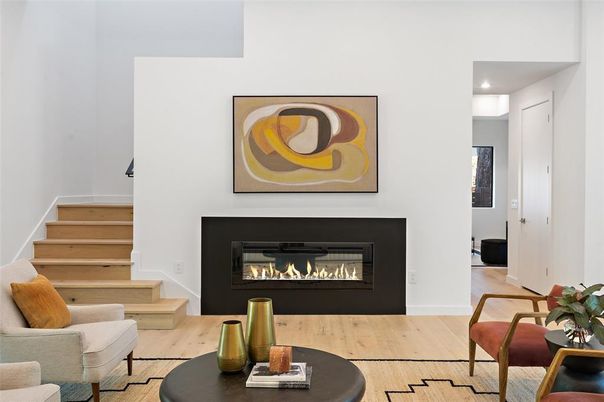 Fireplace, Interior, Recessed Lighting, Wood Texture Flooring
