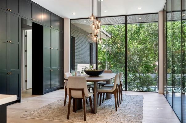 Dining room, Interior, Pendant Lights, Recessed Lighting, Stone Walls, Wood Texture Flooring