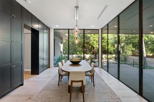 Dining room, Interior, Pendant Lights, Wood Texture Flooring