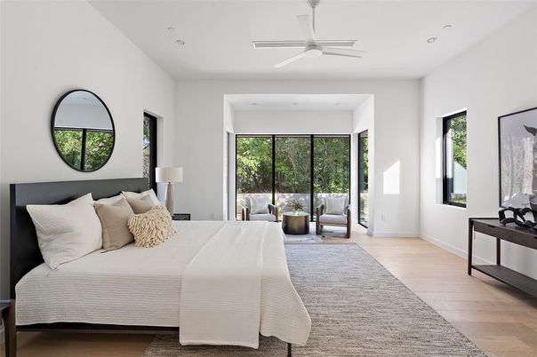 Bedroom, Interior, Recessed Lighting, Wood Texture Flooring