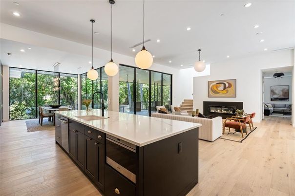 Dining room, Fireplace, Interior, Kitchen, Living room, Pendant Lights, Recessed Lighting, Wood Texture Flooring