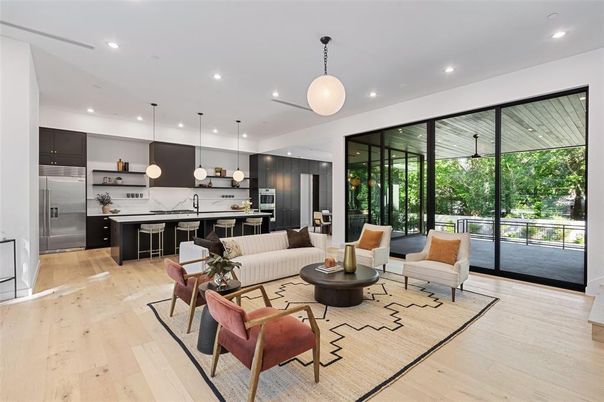 Interior, Kitchen, Living room, Pendant Lights, Recessed Lighting, Stainless Steel Appliances, Wood Texture Flooring