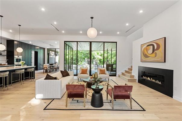 Dining room, Fireplace, Interior, Kitchen, Living room, Pendant Lights, Recessed Lighting, Wood Texture Flooring