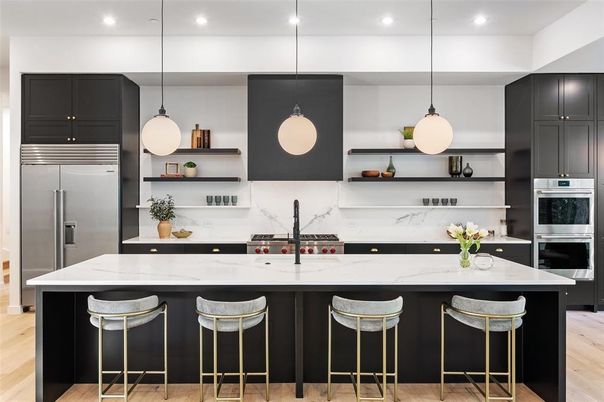 Interior, Kitchen, Marble Walls, Pendant Lights, Recessed Lighting, Stainless Steel Appliances, Wood Texture Flooring