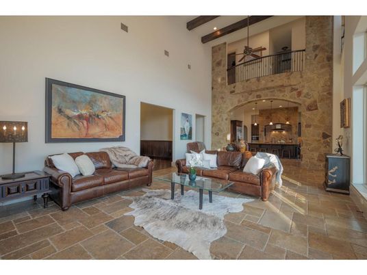 Interior, Living room, Recessed Lighting, Stone Walls, Wooden Beams
