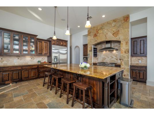Interior, Kitchen, Pendant Lights, Recessed Lighting, Stainless Steel Appliances, Stone Walls
