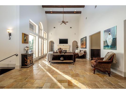 Fireplace, Interior, Living room, Recessed Lighting, Wooden Beams