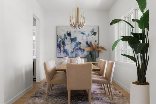 Dining room, Interior, Pendant Lights, Recessed Lighting, Wood Texture Flooring