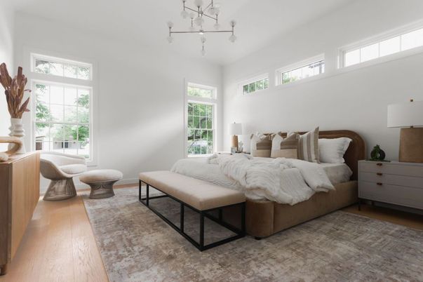 Bedroom, Interior, Pendant Lights, Wood Texture Flooring