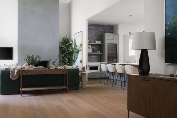 Interior, Kitchen, Pendant Lights, Stainless Steel Appliances, Stone Walls, Wood Texture Flooring