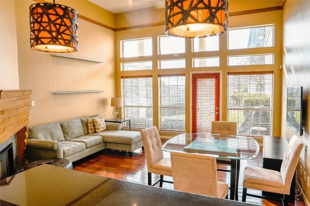 Dining room, Fireplace, Interior, Living room, Wood Texture Flooring