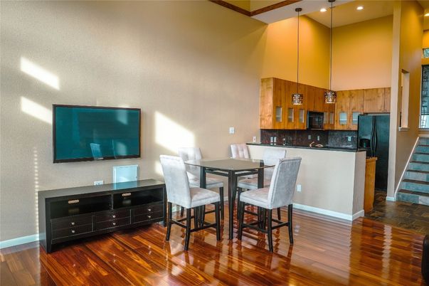 Dining room, Interior, Pendant Lights, Recessed Lighting, Wood Texture Flooring