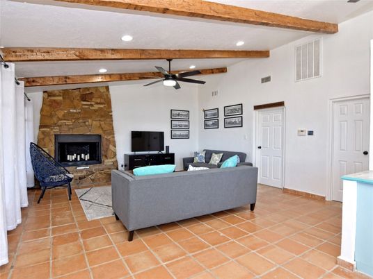 Fireplace, Interior, Living room, Recessed Lighting, Stone Walls, Wooden Beams