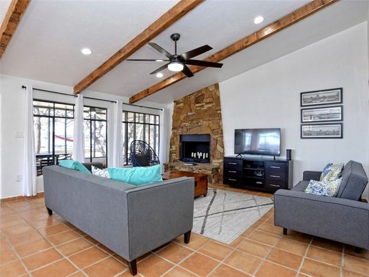 Fireplace, Interior, Living room, Recessed Lighting, Stone Walls, Wooden Beams