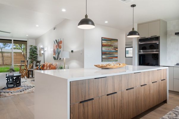 Dining room, Interior, Kitchen, Pendant Lights, Recessed Lighting, Stainless Steel Appliances, Wood Texture Flooring