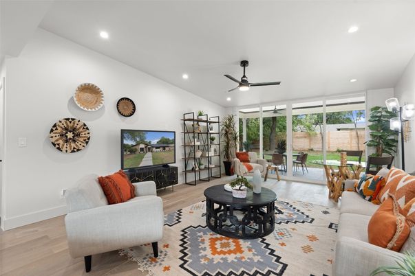 Fireplace, Interior, Living room, Recessed Lighting, Wood Texture Flooring