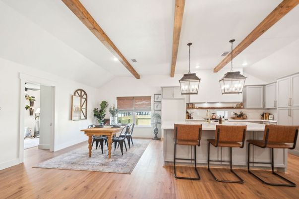 Dining room, Interior, Kitchen, Pendant Lights, Wooden Beams, Wood Texture Flooring