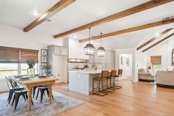 Dining room, Interior, Kitchen, Living room, Pendant Lights, Recessed Lighting, Stainless Steel Appliances, Wooden Beams, Wood Texture Flooring