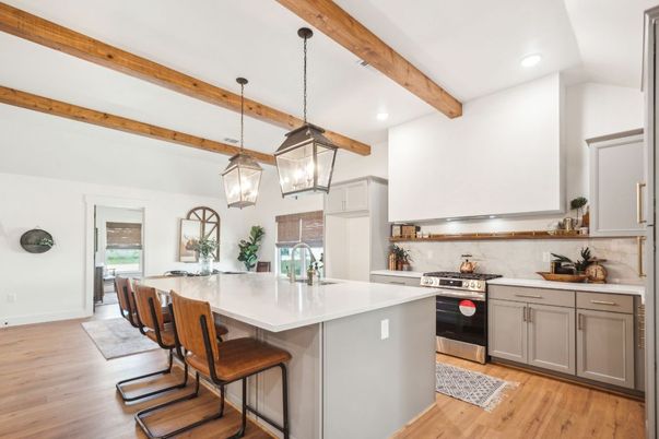 Interior, Kitchen, Pendant Lights, Recessed Lighting, Stainless Steel Appliances, Wooden Beams, Wood Texture Flooring