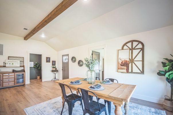 Dining room, Interior, Recessed Lighting, Wooden Beams, Wood Texture Flooring