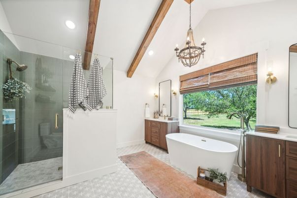 Bathroom, Chandelier, Free Standing Baths, Glass Shower, Interior, Recessed Lighting, Wooden Beams