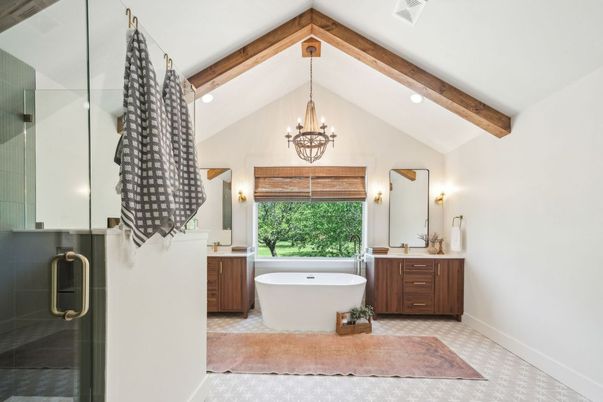 Bathroom, Chandelier, Dual Sink Vanities, Free Standing Baths, Glass Shower, Interior, Recessed Lighting, Wooden Beams