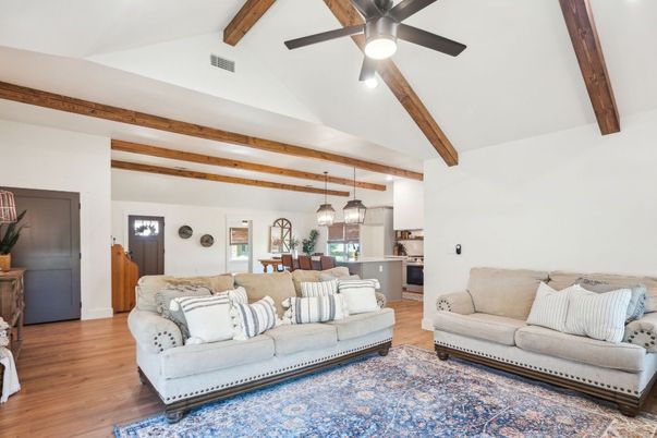 Dining room, Interior, Kitchen, Living room, Pendant Lights, Wooden Beams, Wood Texture Flooring