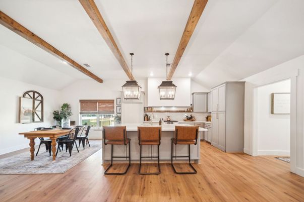 Dining room, Interior, Kitchen, Pendant Lights, Wooden Beams, Wood Texture Flooring