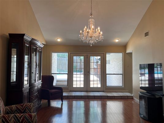 Chandelier, Dining room, Interior, Recessed Lighting, Wood Texture Flooring