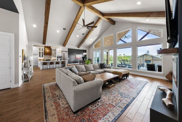 Interior, Kitchen, Living room, Recessed Lighting, Wooden Beams, Wood Texture Flooring