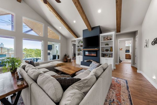 Fireplace, Interior, Living room, Recessed Lighting, Wooden Beams, Wood Texture Flooring