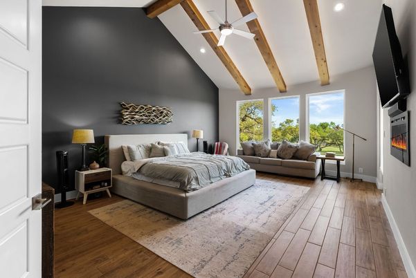 Bedroom, Fireplace, Interior, Recessed Lighting, Wooden Beams, Wood Texture Flooring