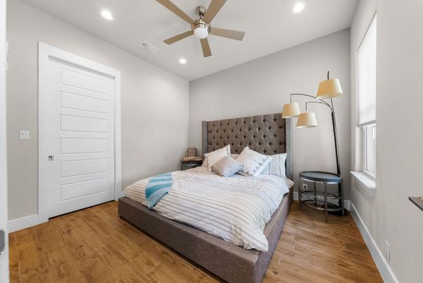 Bedroom, Interior, Recessed Lighting, Wood Texture Flooring
