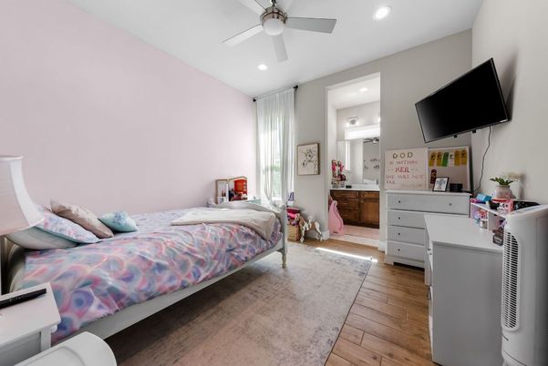 Bedroom, Interior, Recessed Lighting, Wood Texture Flooring