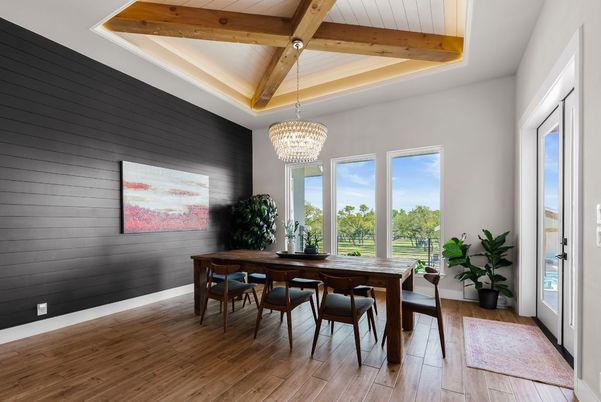 Chandelier, Dining room, Interior, Wooden Beams, Wood Texture Flooring