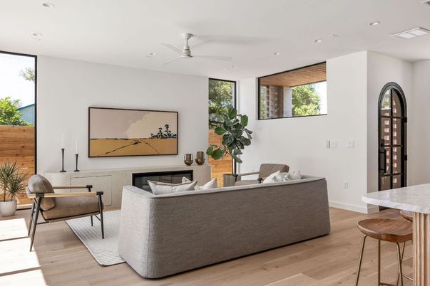 Interior, Living room, Recessed Lighting, Wood Texture Flooring, Wooden Walls