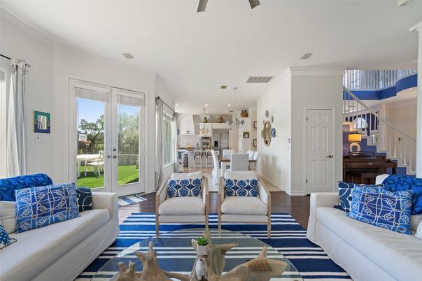 Dining room, Interior, Kitchen, Living room, Pendant Lights, Piano, Recessed Lighting, Wood Texture Flooring